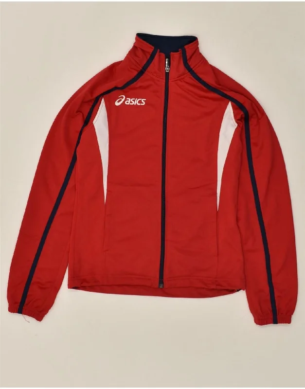 ASICS Womens Graphic Tracksuit Top Jacket UK 10 Small Red Colourblock Satin Fabric Silk Fabric Chiffon Fabric