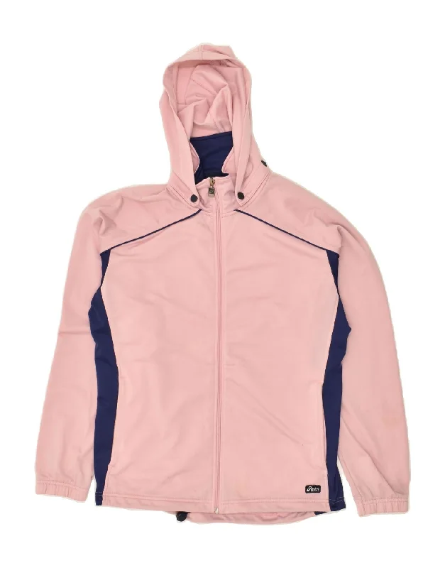 ASICS Womens Hooded Tracksuit Top Jacket UK 14 Large Pink Colourblock Toggled Jacket Drawstring Jacket Belted Jacket