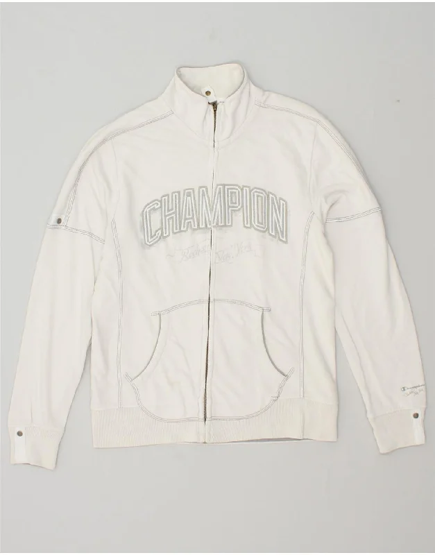 CHAMPION Womens Graphic Tracksuit Top Jacket UK 14 Medium White Cotton Tailored Jacket Straight Jacket A-Line Jacket