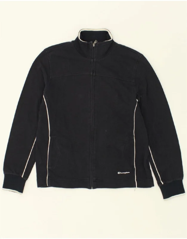 CHAMPION Womens Tracksuit Top Jacket UK 14 Medium Navy Blue Striped Cotton Zippered Front Buttoned Front Snap Front CHAMPION Womens Tracksuit Top Jacket UK 14 Medium Navy Blue Striped Cotton Zippered Front Buttoned Front Snap Front