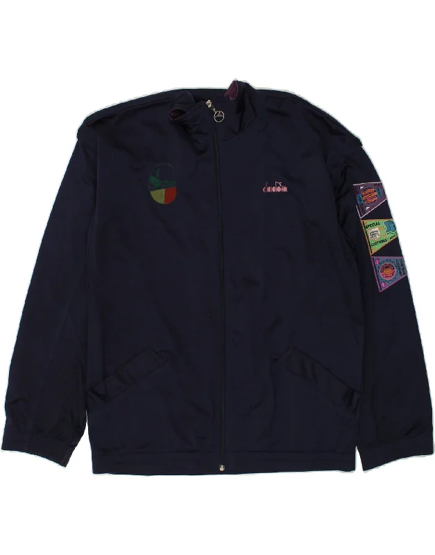 DIADORA Womens Graphic Tracksuit Top Jacket IT 42 Medium Navy Blue Appliqued Jacket Beaded Jacket Sequined Jacket