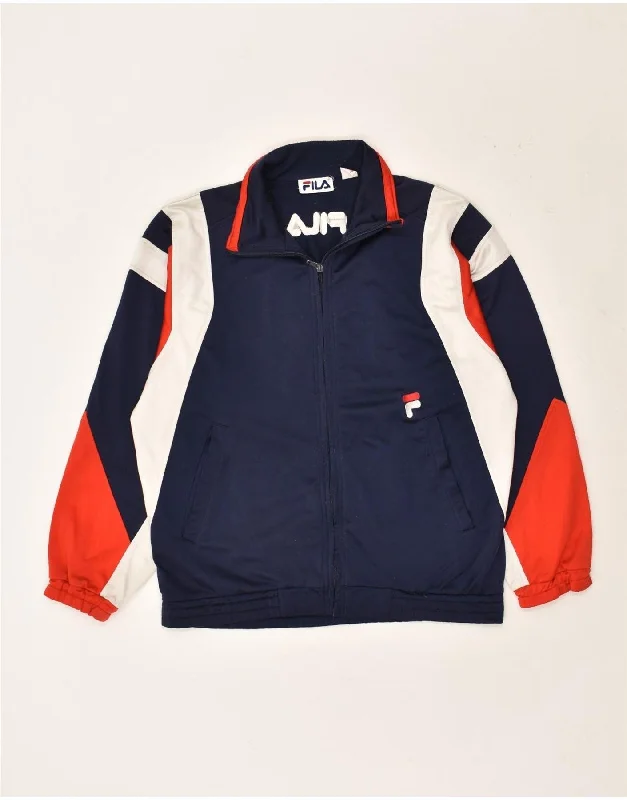 FILA Womens Graphic Tracksuit Top Jacket IT 44 XS Navy Blue Colourblock Notch Collar Peter Pan Collar Cowl Neck