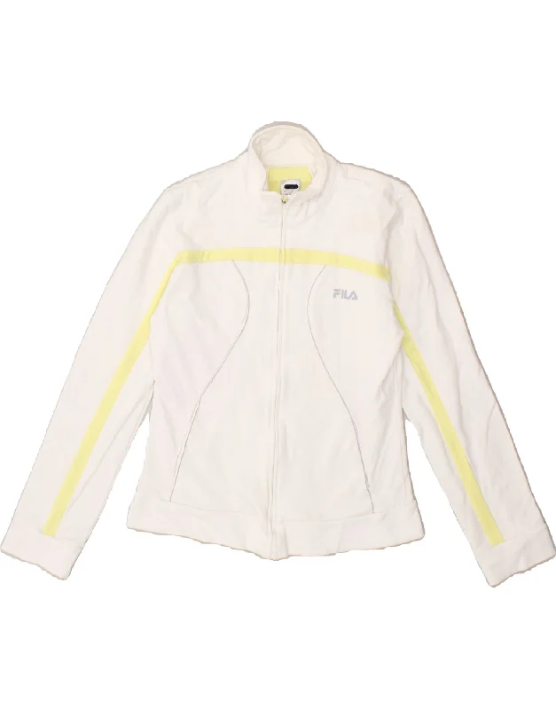 FILA Womens Graphic Tracksuit Top Jacket UK 12 Medium White Striped Cotton Nylon Fabric Polyester Fabric Spandex Fabric