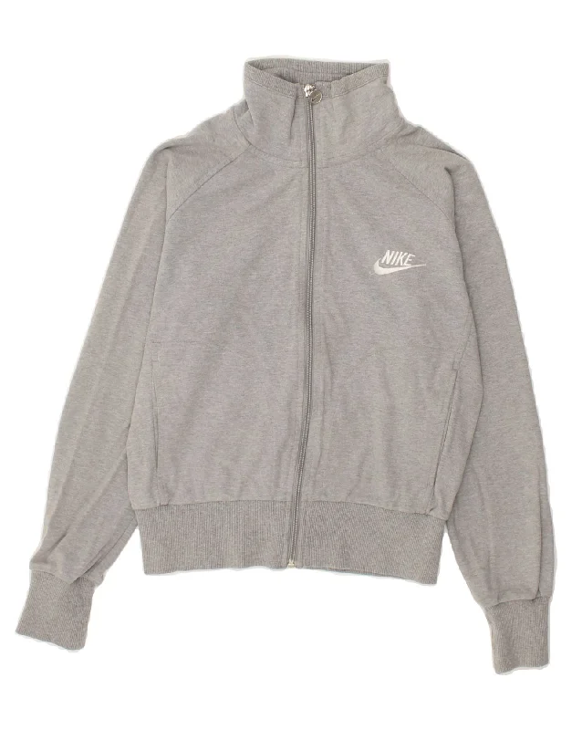 NIKE Womens Graphic Tracksuit Top Jacket UK 10 Small Grey Satin Fabric Silk Fabric Chiffon Fabric