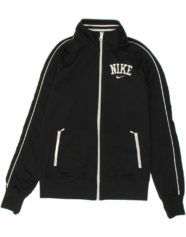 NIKE Womens Graphic Tracksuit Top Jacket UK 14 Medium Black Polyester Embroidered Jacket Appliqued Jacket Beaded Jacket