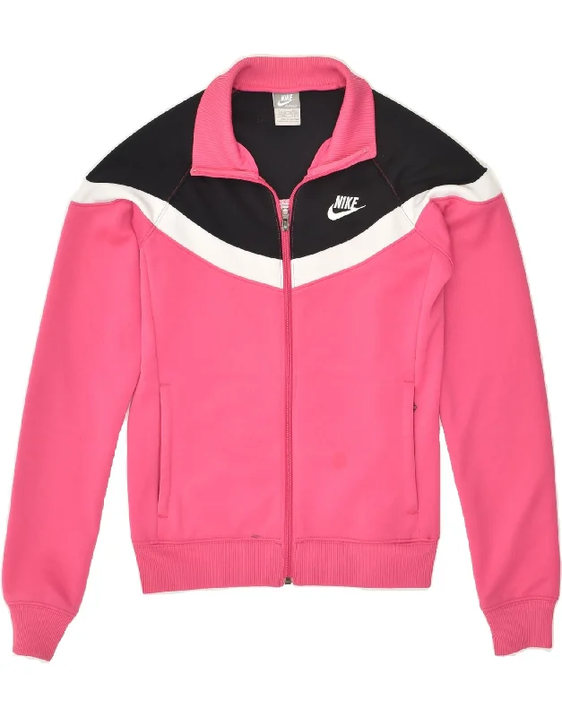 NIKE Womens Tracksuit Top Jacket UK 10/12 Medium Pink Colourblock Nylon Fabric Polyester Fabric Spandex Fabric