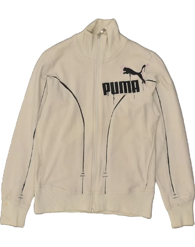 PUMA Womens Graphic Tracksuit Top Jacket UK 14 Medium  White Cotton Fleece Jacket Down Jacket Feather Jacket