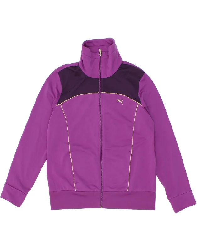 PUMA Womens Graphic Tracksuit Top Jacket UK 16 Large  Purple Colourblock Satin Fabric Silk Fabric Chiffon Fabric