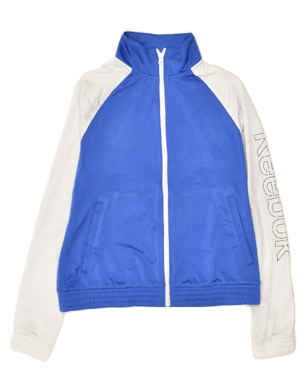 REEBOK Womens Graphic Tracksuit Top Jacket UK 12/14 Medium Blue Hoodie Zip-Up Jacket Button-Up Jacket