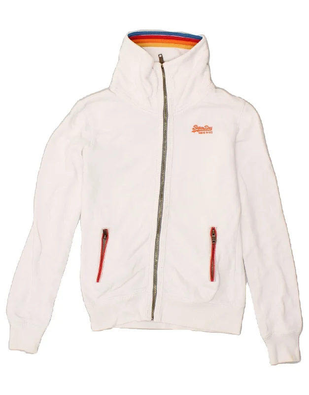 SUPERDRY Womens Tracksuit Top Jacket UK 10 Small White Cotton Snapped Jacket Toggled Jacket Drawstring Jacket