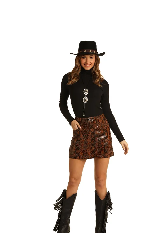 Rock and Roll Cowgirl Junior's Mid Rise Snake Print Skirt, Brown corduroy skirt comfortable