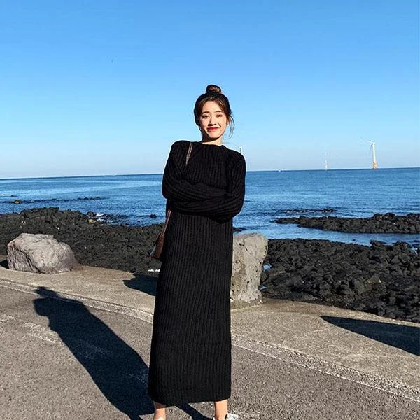 Autumn and Winter Long Sweater Skirt Pullover Women Loose Large Size Turtleneck Collar Mid-length Over The Knee Knitted Sweater lace skirt feminine