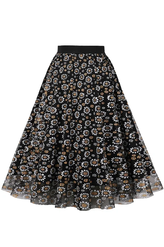 Black Floral A-line Skirt belted skirt waist