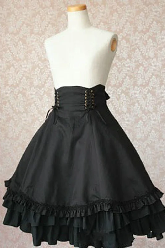 Black High Waisted Double Breasted Button Bowknot Ruffled Multi-Layer Gothic Lolita Skirt lace skirt romantic