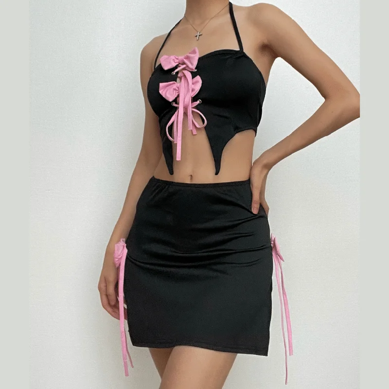 Bowknot halter contrast self tie backless mini skirt set casual skirt length