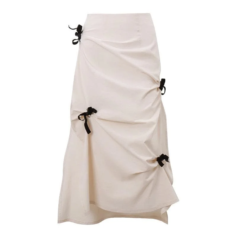 Bowknot ruched zip-up slit irregular contrast midi skirt high waist skirt