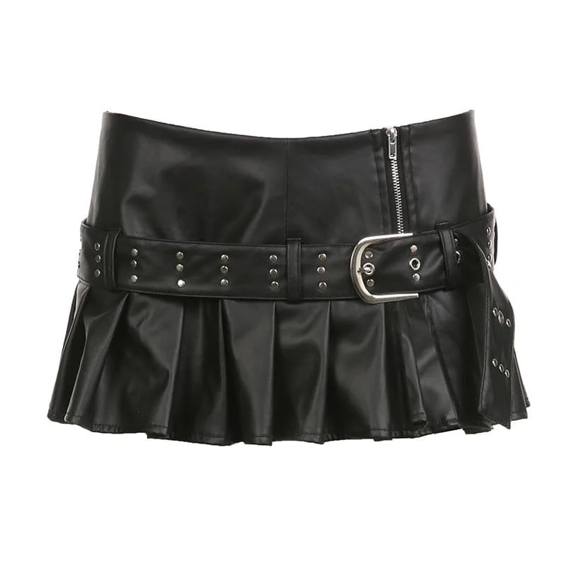 Buckle zip-up pleated low rise PU leather mini skirt silk skirt lustrous