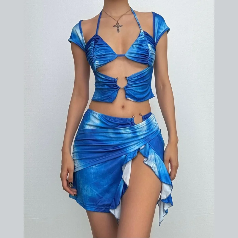 Cap sleeve o ring ruffle ruched mini skirt set leather skirt durable