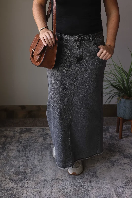 Dark Grey Denim Back Slit Maxi Skirt high waist skirt