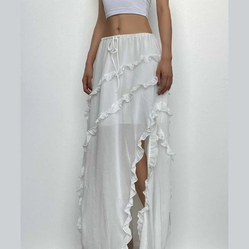 Drawstring ruffle slit irregular solid maxi skirt lace skirt feminine