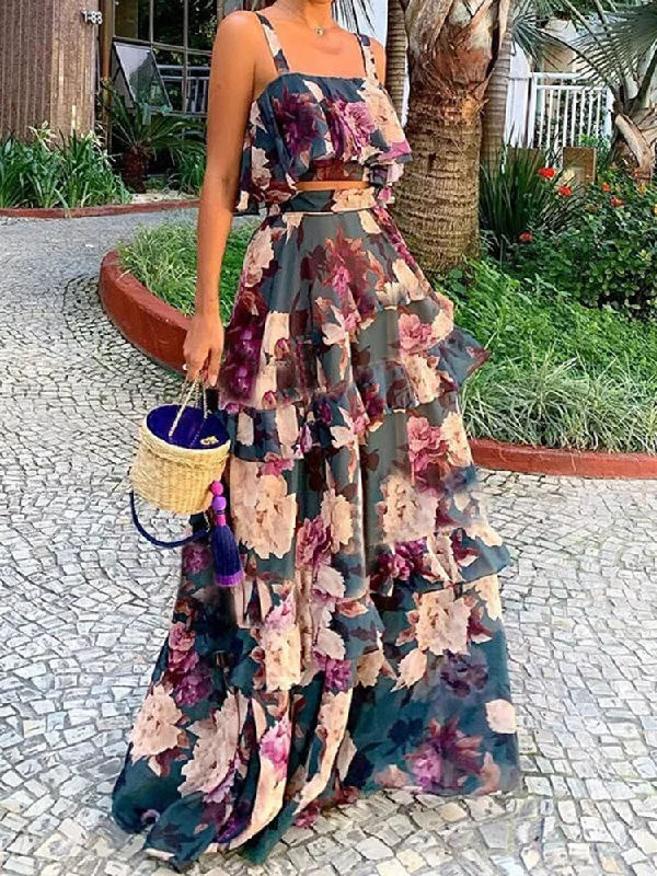 Layered Floral Camisole Top Maxi Skirt Set casual skirt length