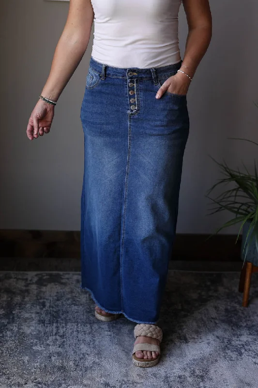 Maxine Button Fly Long Denim Skirt, S-3XL PLUS slim fit skirt