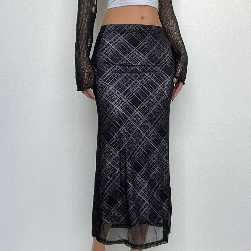 Mesh plaid contrast high rise midi skirt denim skirt casual