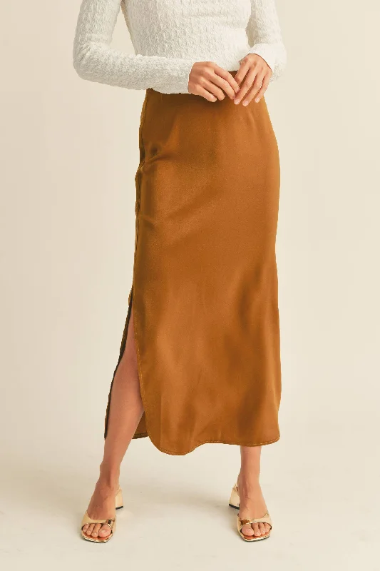 ADALYN SATIN SIDE SLIT SKIRT: BROWN / L floral skirt print