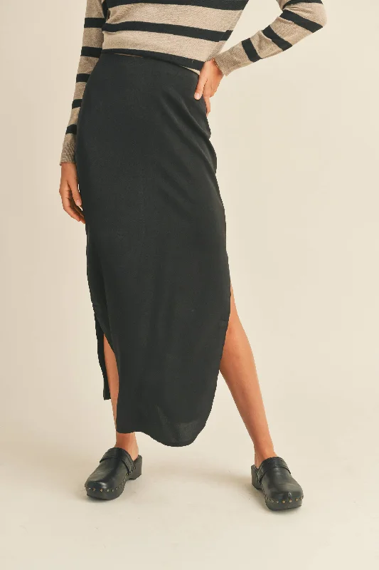 ADALYN BLACK SATIN SIDE SLIT SKIRT silk skirt sleek