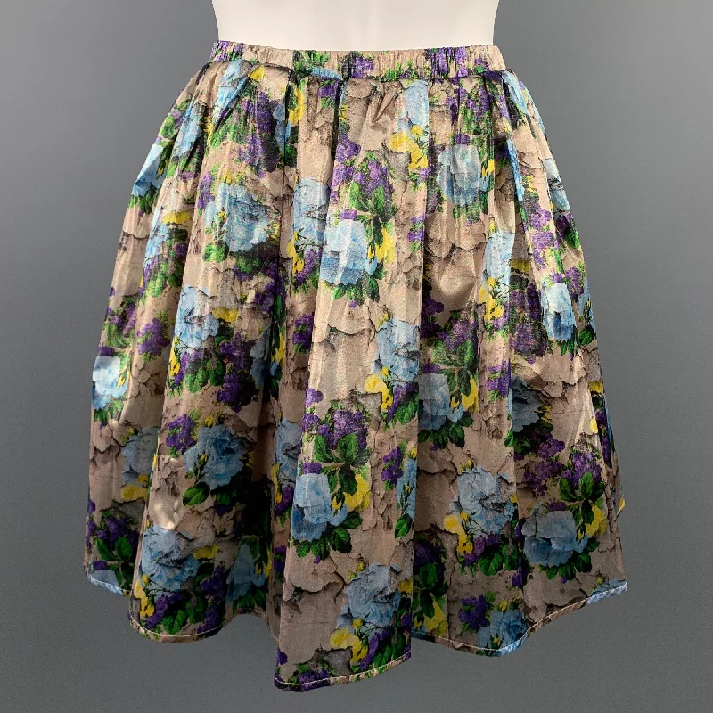 MSGM Size 6 Gold & Purple Floral Polyamide Elastic Waistband A-Line Skirt elastic waist skirt