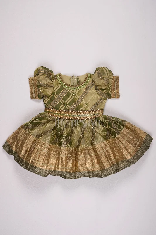 Girls Fancy Frock in Green Tissue Silk with Floral Embellishments and Short Pleated Skirt cashmere skirt fine Girls Fancy Frock in Green Tissue Silk with Floral Embellishments and Short Pleated Skirt cashmere skirt fine