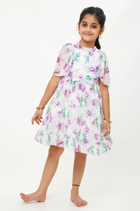 Purple Floral Georgette Printed Frock with Pleated Skirt and Puff Sleeves for Girls leather skirt bold