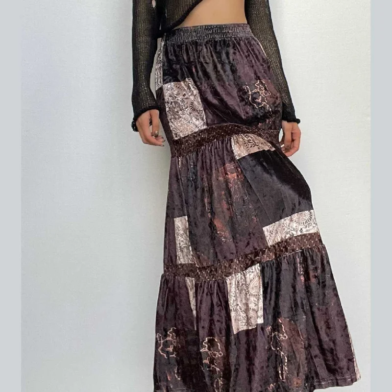 Patchwork contrast ruched medium rise maxi skirt chiffon skirt airy