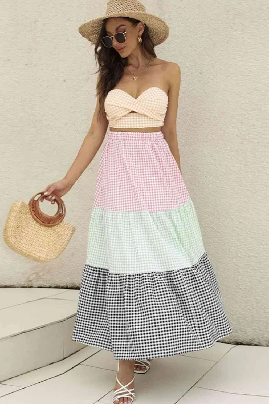 Plaid Strapless Top and Tiered Skirt Set corduroy skirt textured