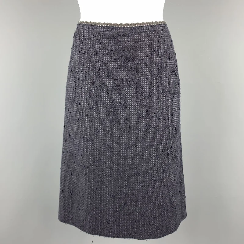 PRADA Size 6 Navy Cotton Blend Textured Tweed Lace Trime A Line Skirt denim skirt trendy