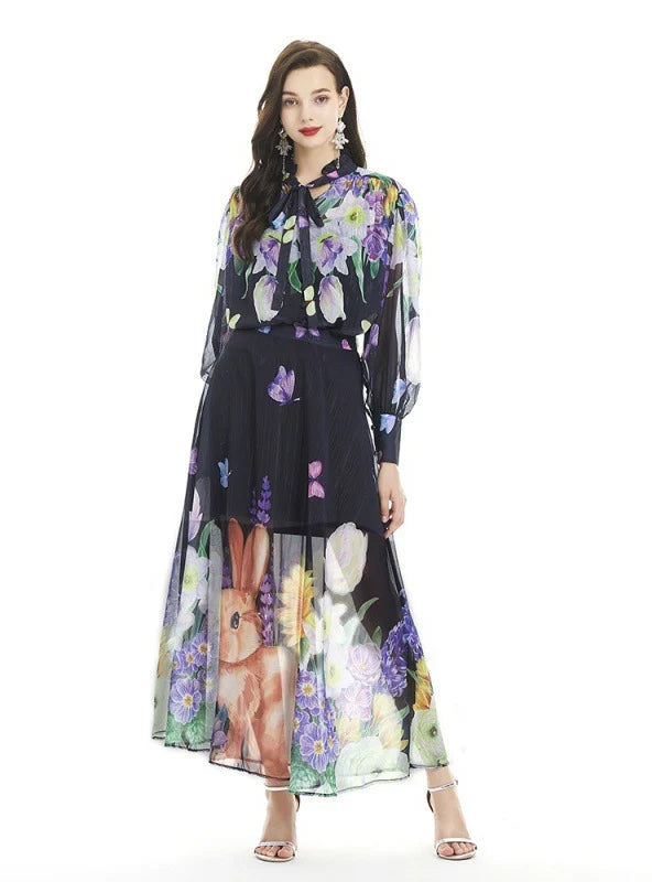 Printed Long Skirt Lotus Leaf Collar Suit cashmere skirt plush