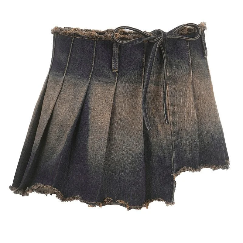 Raw hem pleated contrast self tie denim mini skirt wool skirt sturdy