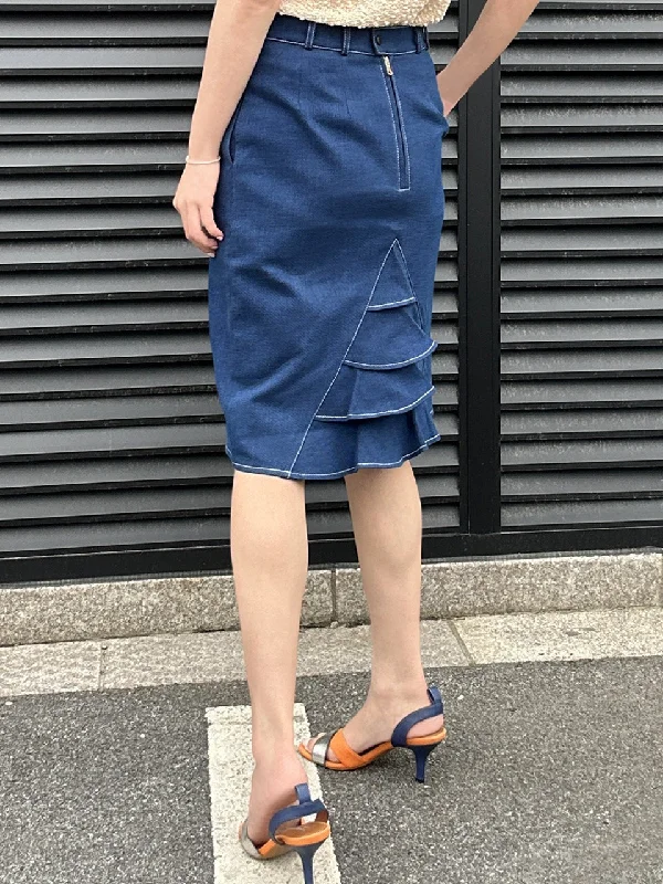 Retro Blue Denim Ruffled Back Knee Length Fitted Skirt ruffled skirt detail