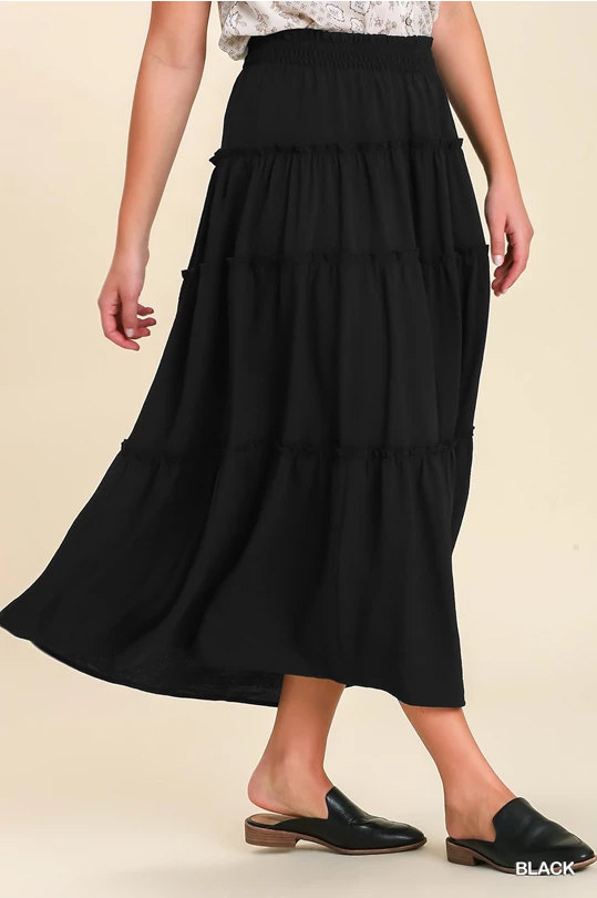 Black Tiered Maxi Skirt with Ruffle Hem silk skirt sleek