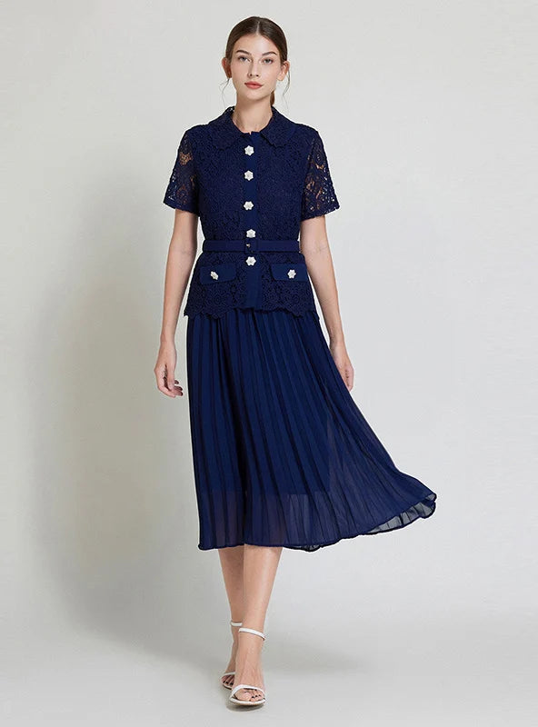 Short-sleeved Slim Top Pleated Skirt Two-piece Suit modal blend skirt