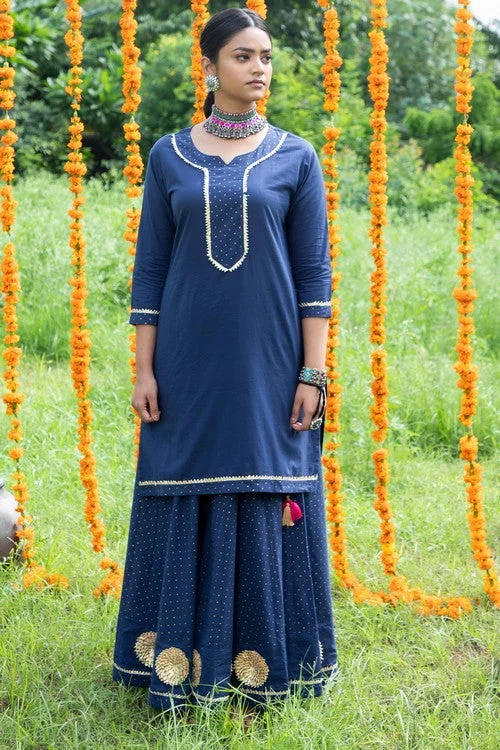 Shuddhi Blue and Pink Skirt,kurta and Duppatta set. belted skirt waist