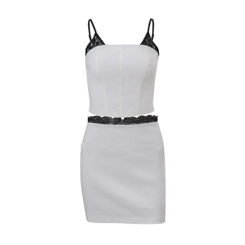 Square neck lace patchwork zip-up backless contrast mini skirt set cashmere skirt soft Square neck lace patchwork zip-up backless contrast mini skirt set cashmere skirt soft