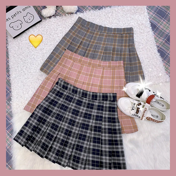 Sweet check pleated skirt PL50218 high slit skirt