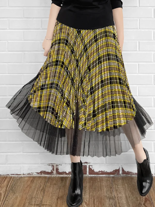 Tartan Asymmetrical Shimmer Mesh Pleated Midi-Skirt slim fit skirt