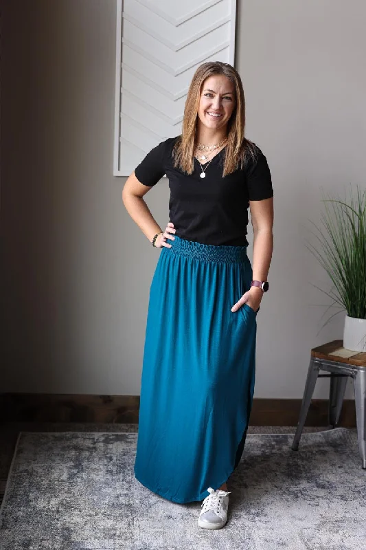 Teal Smocked Waist Maxi Skirt chiffon skirt airy