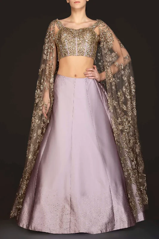 Mauve Colour Silk Skirt With Heavily Embriodered Net Top And Attached Net Cape button skirt front Mauve Colour Silk Skirt With Heavily Embriodered Net Top And Attached Net Cape button skirt front