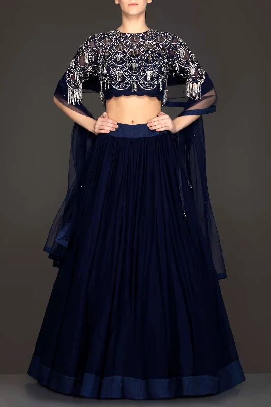 Navy Blue Georgette Skirt And Net Grey Tassel Top With Net Dupatta ribbed skirt waist Navy Blue Georgette Skirt And Net Grey Tassel Top With Net Dupatta ribbed skirt waist