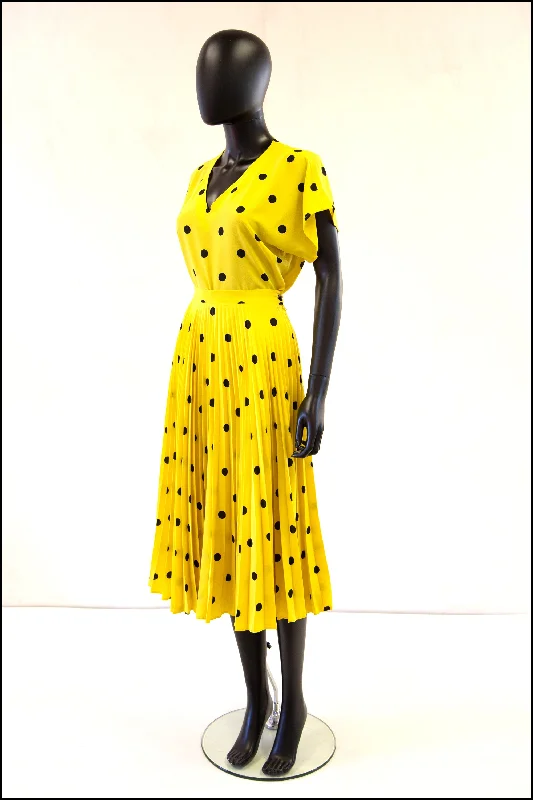 Vintage 1980s Yellow Polka Dot Pleated Skirt Set wool skirt breathable