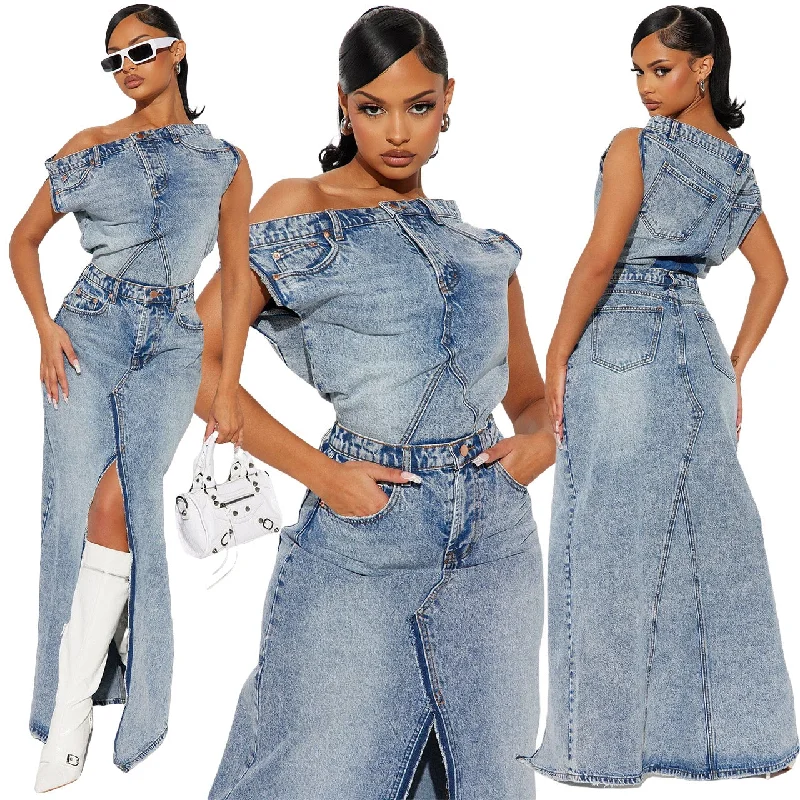 Denim Top and Slit Skirt leather skirt durable